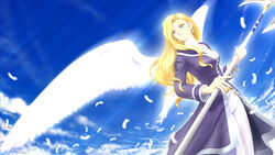  angel_wings axe blonde_hair blue_eyes day feathered_wings feathers female glycine_bleumer itsuki_torii long_sleeves polearm sakura_taisen sakura_taisen_iii sky solo weapon wings 