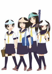  4girls backpack bag black_hair black_legwear figo long_hair multiple_girls object_on_head original panties panties_on_head pantyhose photoshop_(medium) randoseru school_uniform serafuku short_hair simple_background skirt socks twintails underwear weapon_bag white_background 