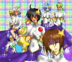  6+boys artist_request athrun_zala auel_neider black_hair blonde_hair blue_eyes blue_hair blush brown_hair closed_eyes crossdressing dearka_elsman dress green_eyes green_hair gundam gundam_seed hair_ornament haro heine_westenfluss kira_yamato male_focus meer_campbell multiple_boys one_eye_closed orange_hair photoshop_(medium) rey_za_burrel shinn_asuka sparkle star_(symbol) star_hair_ornament sting_oakley sweatdrop tears white_hair yzak_joule 