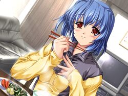  akino_takehiko blue_hair chopsticks dutch_angle female food game_cg holding holding_chopsticks indoors jacket living_room long_sleeves mizuiro red_eyes shindou_mutsuki short_hair sleeves_past_wrists solo 