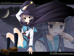  2girls asakura_ryouko blue_sailor_collar blue_skirt halloween hat holding holding_wand kita_high_school_uniform licking licking_blade licking_weapon long_sleeves moon multiple_girls nagato_yuki nekoma_kotomitsu panties pantyshot projected_inset sailor_collar school_uniform serafuku skirt solo_focus suzumiya_haruhi_no_yuuutsu underwear wand weapon winter_uniform witch witch_hat 