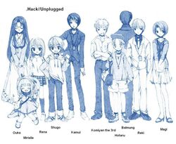  .hack// .hack//tasogare_no_udewa_densetsu 4boys 6+girls artist_request bag balmung_(.hack//) baseball_cap blue_theme book brother_and_sister cross crossed_arms everyone formal glasses handbag hat high_heels hood hoodie hotaru_(.hack//) jewelry kamui_(.hack//) kunisaki_rena kunisaki_shugo lolicon long_hair long_sleeves magi_(.hack//) mireille_(.hack//) monochrome multiple_boys multiple_girls necklace necktie ouka_(.hack//) plaid reki_(.hack//) sandals shoes short_hair shorts siblings skirt smile sneakers socks suit v 