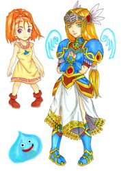  2girls armor armored_dress artist_request barbara_(dq6) blonde_hair circlet cosplay dragon_quest dragon_quest_vi forehead green_eyes high_ponytail lenneth_valkyrie lenneth_valkyrie_(cosplay) long_hair low-tied_long_hair mireyu multiple_girls ponytail purple_eyes red_hair slime_(creature) slime_(dragon_quest) valkyrie_profile_(series) white_background 