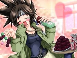  artist_request blush breasts closed_eyes dango eating female food heart long_sleeves medium_breasts mitarashi_anko naruto naruto_(series) ohagi_(food) open_mouth sanshoku_dango shiruko_(food) solo source_request tray wagashi youkan_(food) 