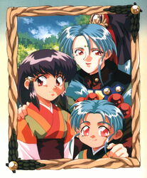  1990s_(style) 3girls artist_request blue_hair facial_mark forehead_mark masaki_aeka_jurai masaki_misaki_jurai masaki_sasami_jurai multiple_girls pink_eyes purple_hair red_eyes retro_artstyle tenchi_muyou! tenchi_muyou!_ryou-ouki twintails 