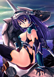  amei_sumeru arm_support armor ass black_thighhighs breasts copyright_request dragon duplicate elbow_gloves fantasy female fingerless_gloves from_behind gloves helm helmet highleg large_breasts long_hair looking_back outdoors pink_eyes purple_hair riding sideboob sitting sky solo straddling sword thighhighs water weapon 