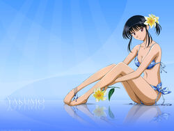  barefoot bikini female flower hair_flower hair_ornament hara_yumiko highres legs long_legs polka_dot polka_dot_bikini school_rumble side-tie_bikini_bottom solo swimsuit tsukamoto_yakumo 