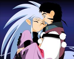  1boy black_hair blue_hair couple female highres hug long_sleeves masaki_tenchi ryouko_(tenchi_muyou!) spiked_hair straight tenchi_muyou! tenchi_muyou!_ryou-ouki vector_trace zero_(tenchi_muyou!) 