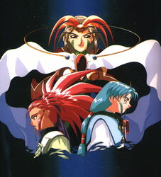  1990s_(style) 3girls artist_request blue_hair brown_hair facial_mark forehead_mark green_eyes hair_pulled_back hakubi_washuu long_hair low-tied_long_hair multiple_girls pink_eyes purple_eyes red_hair retro_artstyle spiked_hair tenchi_muyou! tenchi_muyou!_ryou-ouki tokimi tsunami_(tenchi_muyou!) 