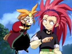  1990s_(style) 2girls anime_screenshot brown_hair chibi green_eyes hair_pulled_back hakubi_washuu long_sleeves multiple_girls purple_eyes red_hair retro_artstyle spiked_hair tenchi_muyou! tenchi_muyou!_ryou-ouki tokimi 