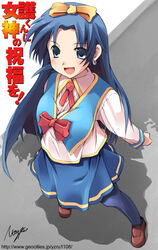  blue_eyes blue_hair blue_legwear blue_skirt bow brown_footwear earrings female from_above hairbow jewelry long_hair long_sleeves looking_at_viewer mamoru-kun_ni_megami_no_shukufuku_wo! mizoguchi_keiji open_mouth photoshop_(medium) red_bow school_uniform shadow shoes signature skirt solo standing takasu_ayako watermark web_address 