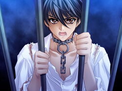  1boy angry black_hair blue_background brown_eyes carnelian chains collar collarbone dress_shirt game_cg hair_between_eyes holding_bars in_cell long_sleeves looking_at_viewer male_focus messiah_(game) open_mouth prison sasamori_ryouta shirt short_hair shouting solo teeth torn_clothes torn_shirt upper_body white_shirt 