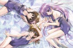  3girls ahoge arm_up armpits arms_up asaba_yuuko back bare_arms bare_legs bare_shoulders barefoot blush breasts brown_eyes brown_hair bubble clothes_pull collarbone embarrassed feet fetal_position fingernails flat_chest from_above frown hair_between_eyes iriya_kana iriya_no_sora_ufo_no_natsu komatsu_eiji legs long_fingernails long_hair looking_at_viewer lying medium_breasts medium_hair multiple_girls official_art on_back on_side one-piece_swimsuit one-piece_swimsuit_pull partially_submerged pink_eyes ponytail purple_hair school_swimsuit shadow shallow_water sideboob sidelocks sideways_glance sparkle strap_slip sudou_akiho swimsuit very_long_hair water wet yellow_eyes 