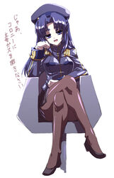  :d asakura_ryouko crossed_legs female gundam hand_on_own_cheek hand_on_own_face hat long_sleeves military military_uniform mobile_suit_gundam open_mouth pantyhose parody photoshop_(medium) sitting smile solo space_uniform suzumiya_haruhi_no_yuuutsu tokyo_(great_akuta) translated uniform 