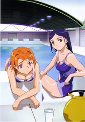  2girls absurdres bent_over blue_one-piece_swimsuit breast_rest breasts cleavage crossed_arms day diving_block fuuka_academy_swimsuit highres hisayuki_hirokazu kettle kuga_natsuki looking_back medium_breasts multiple_girls my-hime official_art one-piece_swimsuit outdoors photoshop_(medium) pool poolside school_swimsuit skinny starting_block swimsuit tokiha_mai water 