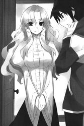  1boy artist_request cattleya_yvette_la_baume_le_blanc_de_la_fontaine female greyscale highres hiraga_saito long_sleeves monochrome official_art zero_no_tsukaima 