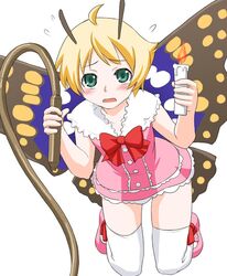  1boy blonde_hair blush bondage commentary_request male_focus mary_janes otoko_no_ko shimon_(shimotsuma) shimotsuma shinama shoes solo thighhighs whip wings 