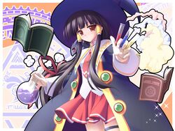  black_hair blunt_bangs book fantasy_text female hair_ribbon hair_tubes hat komatsu_eiji long_hair long_sleeves magic magic_circle majokko_a_la_mode photoshop_(medium) red_eyes ribbon rydia_arsenal school_uniform skirt smoke solo test_tube thigh_strap witch witch_hat 