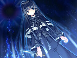  black_hair blue_eyes dark dress female game_cg goth_fashion knife long_hair long_sleeves maya_(triptych) nimura_yuuji ribbon solo triptych 