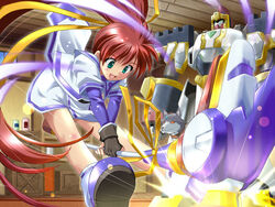  :d aoi_sora_no_neosphere black_gloves blue_eyes blue_footwear box brown_hair canine crate female fingerless_gloves game_cg gloves hair_ribbon hammer hitting indoors komatsu_eiji long_hair mecha motion_blur nanoca_flanka official_art open_mouth ponytail ribbon robot shoes smile stuka tenzan uniform very_long_hair yellow_ribbon 