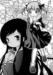  2girls :o bow cross dress flower fukuzawa_yumi greyscale hairbow hands_on_own_chest long_hair long_sleeves looking_at_viewer maria-sama_ga_miteru monochrome multiple_girls ogasawara_sachiko rose school_uniform serafuku shoes short_hair smile socks suzuki_kokono twintails 