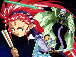  1990s_(style) 2boys artist_request black_hair brown_eyes energy_sword female green_eyes grey_hair hair_pulled_back hakubi_washuu kagato long_sleeves masaki_tenchi multiple_boys red_hair retro_artstyle spiked_hair sword tenchi_muyou! weapon yellow_eyes 