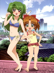  2girls :d artist_request barefoot bikini blush bow breasts casual_one-piece_swimsuit cityscape cleavage cloud day earrings flat_chest frilled_one-piece_swimsuit frills green_eyes green_hair hairbow highres inukami! jewelry legs locked_arms lolicon long_hair maron_(inukami) medium_breasts multiple_girls navel object_on_head official_art one-piece_swimsuit open_mouth orange_hair outdoors red_eyes rooftop scan short_hair short_twintails side-tie_bikini_bottom sky smile standing swimsuit tomohane_(inukami) twintails youko_(inukami) 