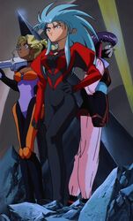  1990s_(style) 3girls anime_screenshot aqua_hair blonde_hair blue_eyes blue_hair bodysuit breasts cleavage clenched_hand dark-skinned_female dark_skin facial_mark gun hand_on_own_hip juliet_sleeves kuramitsu_mihoshi long_sleeves masaki_aeka_jurai multiple_girls puffy_sleeves purple_hair red_eyes retro_artstyle ryouko_(tenchi_muyou!) sidelocks spiked_hair standing tenchi_muyou! tenchi_muyou!_ryou-ouki wavy_hair weapon yellow_eyes 