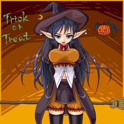  arms_behind_back black_thighhighs bloomers blue_hair border bow bowtie breasts broom crescent dark_blue_hair earrings elf female halloween hat high_collar jack-o&#039;-lantern jack-o&#039;-lantern_earrings jaggy_lines jewelry juliet_sleeves long_hair long_sleeves looking_at_viewer medium_breasts mismatched_earrings navel oekaki open_mouth orange_bloomers original pointy_ears puffy_sleeves purple_hat red_bow red_bowtie skull_earrings solo teeth thighhighs trick_or_treat underwear witch_hat yellow_border yuuki_(silent_moon) zettai_ryouiki 