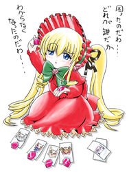  :o black_ribbon blonde_hair blue_eyes bonnet bow dress drill_hair female flower green_bow holding imai_kazunari inspecting long_hair long_sleeves parted_lips pink_flower pink_rose red_dress ribbon rosa_mystica rose rozen_maiden shinku simple_background sitting solo translated twin_drills twintails very_long_hair white_background 