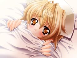  antenna_hair bed bed_sheet blonde_hair blush carnelian close-up dutch_angle female fingernails game_cg hands hat kao_no_nai_tsuki kurihara_sayaka long_fingernails lying maid on_back short_hair smile solo yellow_eyes 