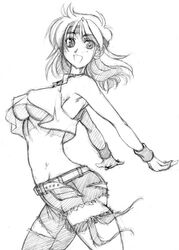  arms_behind_back ass asymmetrical_clothes bandana belt breasts cutoffs denim female greyscale groin half-shirt headband jeans large_breasts lune_zoldark monochrome pants photoshop_(medium) sangekimaru single_pantsleg sketch smile solo super_robot_wars super_robot_wars_original_generation super_robot_wars_the_lord_of_elemental tank_top torn_clothes torn_jeans torn_pants underboob wristband 