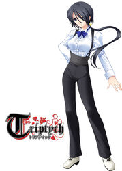  aona_masao bartender black_hair blue_eyes breasts buttons collared_shirt contrapposto copyright_name cross-laced_footwear crossdressing female floating_hair flower full_body hair_over_one_eye hair_ribbon hand_on_own_hip hanon_(triptych) high_heels large_breasts light_smile logo long_hair long_sleeves looking_at_viewer low_ponytail official_art pants plant ribbon sash shirt shoes simple_background sleeve_cuffs smile solo standing suspenders triptych very_long_hair vines white_background white_shirt 