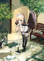  2girls ahoge alternate_costume aqua_eyes artoria_pendragon_(fate) bench blonde_hair broom day fate/stay_night fate_(series) feline frills itachi_(3dt) long_hair maid medusa_(fate) medusa_(rider)_(fate) multiple_girls outdoors saber_(fate) shoes thighhighs water wrist_cuffs 