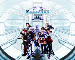  3girls 4boys black_hair blonde_hair blue_eyes blue_hair breasts brown_eyes brown_hair chaos_(xenosaga) choco_(chocolate_shop) crop_top gloves green_eyes gun hair_ornament hairclip hat jin_uzuki jr. kos-mos kos-mos_ver._4 legs long_hair m.o.m.o. medium_breasts midriff multiple_boys multiple_girls photoshop_(medium) pink_hair red_eyes red_hair shion_uzuki short_hair short_shorts shorts sword thighhighs weapon white_hair xenosaga xenosaga_episode_iii ziggy 