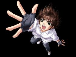  1boy brown_hair dress_shirt falling fingerless_gloves game_cg gloves green_eyes izumo male_focus outstretched_arm pants reaching shirt simple_background solo touma_hikaru yamamoto_kazue 