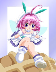  ahoge chicchana_yukitsukai_sugar choker female food full_body gloves hat imai_kazunari pink_hair purple_eyes shoes short_hair skirt smile solo sugar_(chicchana_yukitsukai_sugar) waffle white_footwear white_gloves white_skirt wings 