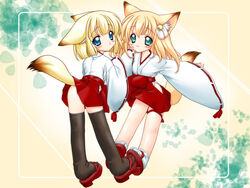  2girls animal_ears blonde_hair japanese_clothes koyuki_(snow_fox) long_sleeves multiple_girls nakajima_konta sayuki_(snow_fox) snow_fox thighhighs variant_set 