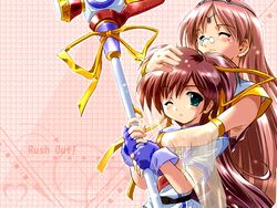  2girls ;o aoi_umi_no_tristia blush fingerless_gloves glasses gloves hair_ribbon holding holding_weapon hug hug_from_behind komatsu_eiji long_hair multiple_girls nanoca_flanka one_eye_closed parted_lips polearm reygurett_kutanie ribbon see-through smile staff tiara uniform upper_body very_long_hair weapon 