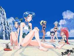  1990s_(style) 6+girls artist_request back-to-back beach bikini blonde_hair blue_hair cabbit day facial_mark forehead_mark hakubi_washuu kuramitsu_mihoshi masaki_aeka_jurai masaki_sasami_jurai multiple_girls one-piece_swimsuit outdoors pink_eyes purple_hair red_hair retro_artstyle ryou-ouki ryouko_(tenchi_muyou!) spiked_hair swimsuit tenchi_muyou! tenchi_muyou!_ryou-ouki tsunami_(tenchi_muyou!) 