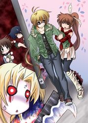  1boy 4girls amy_limietta anger_vein artist_request blonde_hair boots brown_hair character_request chrono_harlaown closed_eyes couple fate_testarossa glasses hashitsuki_nata long_hair long_sleeves lyrical_nanoha mahou_shoujo_lyrical_nanoha_strikers multiple_girls nata_(tool) pantyhose ponytail red_eyes red_hair short_hair side_ponytail straight takamachi_nanoha yandere yuuno_scrya 