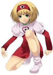  blonde_hair dai_mahou_touge dress female green_eyes jewelry long_sleeves mizuki_makoto necklace panties pantyshot photoshop_(medium) solo tanaka_punie underwear white_panties 