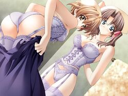  2girls bent_over blue_bra blue_panties blue_thighhighs bra bustier carnelian duplicate game_cg garter_belt glasses harukawa_tomomi kao_no_nai_tsuki kurihara_sayaka lace lace-trimmed_legwear lace-trimmed_panties lace_trim lingerie multiple_girls panties thighhighs underwear underwear_only undressing 