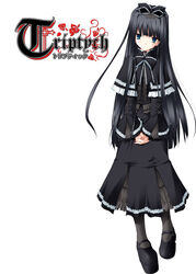  black_dress black_hair blue_eyes dress female full_body goth_fashion gothic_lolita logo lolita_fashion long_hair long_sleeves maya_(triptych) nimura_yuuji pantyhose ribbon solo triptych 