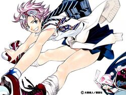  2girls :d air_gear bag bent_over blue_eyes blue_hair bra clothes_around_waist eyewear_on_head flat_chest glasses grin hands hat inline_skates jumping kneehighs legs lingerie long_hair multiple_girls necktie noyamano_mikan noyamano_shiraume official_art oogure_ito open_mouth pink_bra pink_hair pleated_skirt roller_skates school_bag school_uniform short_hair simple_background skates skirt smile socks star_(symbol) striped sweater sweater_around_waist underwear very_long_hair wristband 