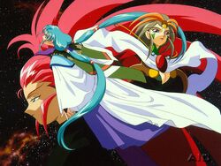  1990s_(style) 3girls artist_request blue_hair brown_hair facial_mark forehead_mark green_eyes hair_pulled_back hakubi_washuu long_hair low-tied_long_hair multiple_girls purple_eyes red_hair retro_artstyle spiked_hair tenchi_muyou! tenchi_muyou!_ryou-ouki tokimi tsunami_(tenchi_muyou!) twintails 