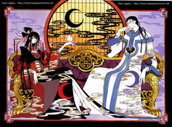  1boy black_hair blunt_bangs clamp_(circle) clow_reed couch crescent_moon female framed hair_ornament hime_cut ichihara_yuuko long_hair long_sleeves marker_(medium) mokona moon official_art pale_skin sitting smoke traditional_media watermark web_address wide_sleeves xxxholic 