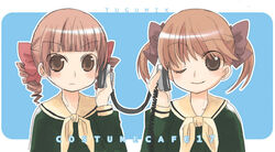  2girls blush brown_eyes brown_hair drill_hair fukuzawa_yumi hair_ribbon hand_on_own_ear hayashi_tsugumi headphones long_sleeves maria-sama_ga_miteru matsudaira_touko multiple_girls one_eye_closed photoshop_(medium) ribbon school_uniform serafuku shared_headphones sharing short_twintails twintails watermark 