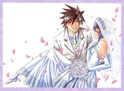  1boy blue_hair bob_cut bouquet bridal_veil bride busou_renkin couple dress elbow_gloves female flower formal gloves good_end happy mutou_kazuki petals rose scar scar_on_face scar_on_nose short_hair smile straight suit tsumura_tokiko veil watsuki_nobuhiro wedding wedding_dress white_flower white_rose 