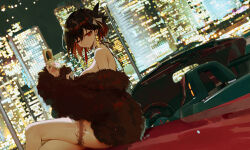  alternate_costume azur_lane breasts car chien_wu_(azur_lane) city colored_inner_hair convertible earrings female fur_jacket highres jacket jewelry medium_hair motor_vehicle multicolored_hair night one_eye_closed ongdal2 red_eyes skyline solo thigh_strap 